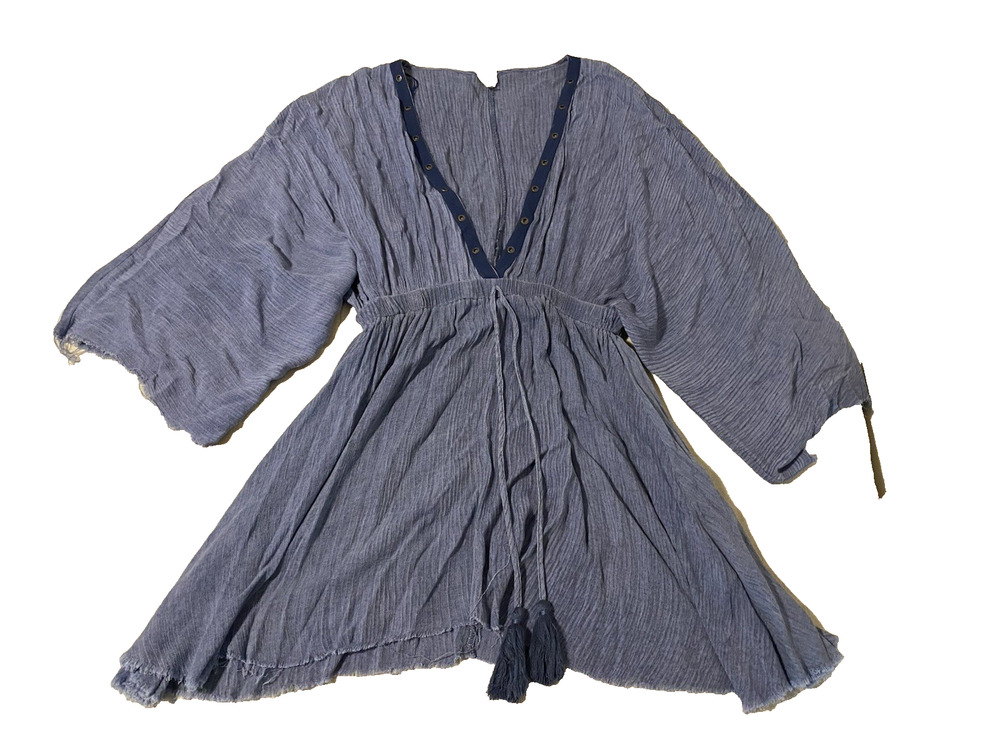 Surf Gypsy Boho Swim Cover Up Crinkle Mini Dress Womens Size M Blue Flare Arms